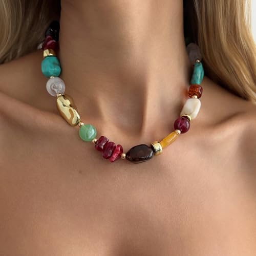 Chunky Acrylic Beaded Necklace for Women Colorful Acrylic Resin Beaded Choker Big Round Beads Statement Necklace Fashion Jewelry - color: GoldA