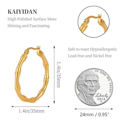 2 Pairs Gold/Silver Hoop Earrings For Women Set Trendy,14K Plated Gold Chunky Huggie Hoop Earings Pack,Oval Twisted Statement Silver Hoops,Fashion Jewelry Gift - color: 3) bamboo hoop