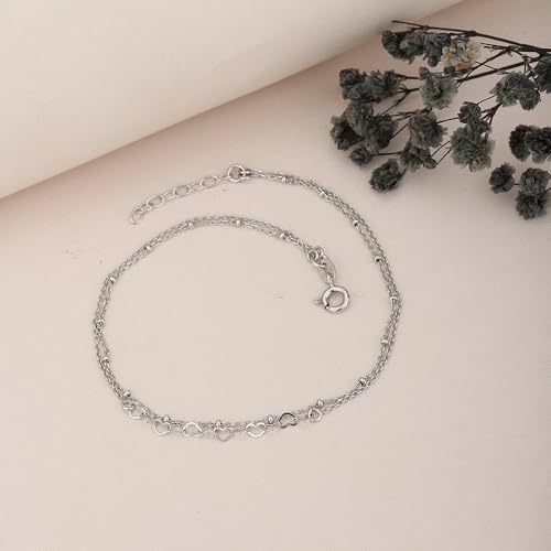 Vanbelle Sterling Silver Jewelry - Rhodium Plated with 925 Stamp - Interlinked Heart theme Anklet - handcrafted Double layered Chain Anklet for Women - 9" long + 1" extender