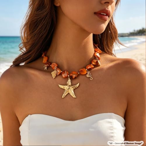 Boho Chunky Shell Necklace for Women Baroque Pearl Pendant Necklaces Irregular Shell Beaded Choker Necklace Trendy Vacation Jewelry Accessories - color: Brown2