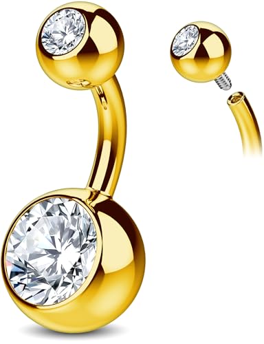 Internally Threaded Belly Button Ring G23 Titanium with Grade AAAAA Cubic Zirconia - 14g Implant Grade Titanium Belly Ring Piercing Jewelry Internal Thread - Bellybutton Rings Navel Jewelry For Women - color: Gold - 6mm