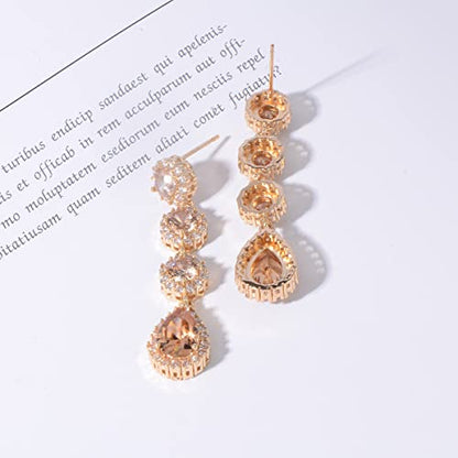 Women's Cubic Zirconia Bridal Earrings - Elegant Long Wedding Party Prom Earring for Bride Bridesmaids Crystal CZ Rhinestone Chandelier Statement Dangle Drop Earrings for girls - color: Champagne-gold