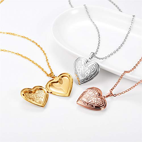 U7 Women Locket Necklace, Heart Photo Lockets Hold Picture, Gift Box Packed | Gold/Silver/Rose Locket Charm, Custom Picture and Engravement Heart Pendant, 20" Chain, Personalized Gift for Mom Wife Friend - color: 02# Rose Gold*Flower Grain