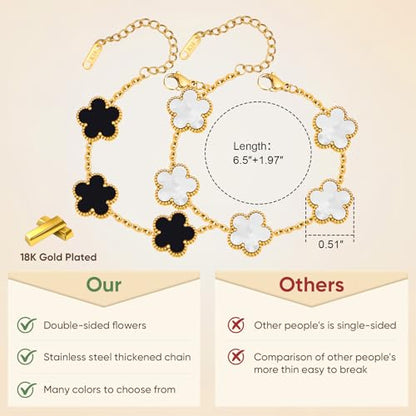 Women Gold Bracelets Jewelry Set - 3Pcs 18K Gold Plated Floral Bracelet,Stainless Steel Charm Bracelet Non-Tarnish,Adjustable Lucky Chain Trendy Gift,Christmas Valentines Birthday Gifts for Girlfriend - style: White&Black