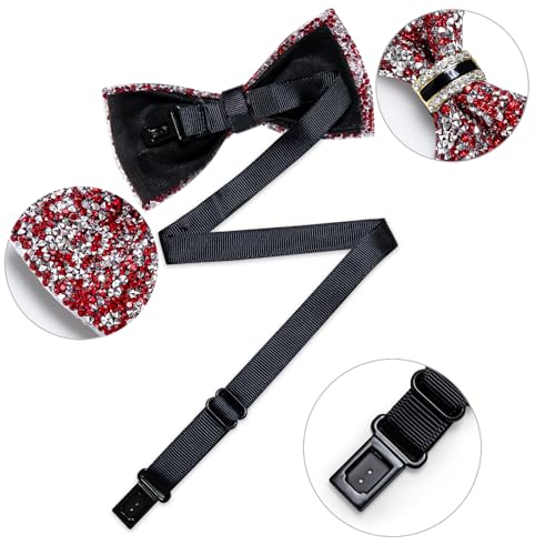 DiBanGu Mens Rhinestone Bow Tie with Ring and Lapel Pin Set | Adjustable Strap,Pre-tied Style,3PCS,Sequin Diamond Bowties，Solid/Mix Color,Shiny Accessory,for Party Prom Banquet Wedding - color: Red and Silver