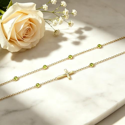 Midari 18K Yellow Gold Gemstone Birthstone Anklet Bracelet Cross Jewelry with 12 Months Birthstone Birthday Gifts for Women Wife Her Daughter Mom - color: 08-Aug-Peridot, size: Anklet 9"-11"