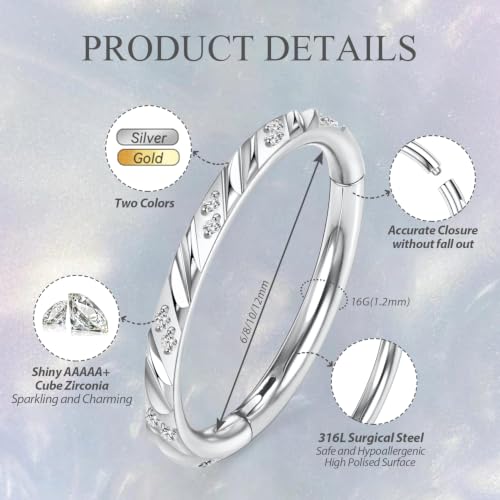 FUNLMO 316L Surgical Steel Cube Zircon Nose Ring Septum Jewelry Helix Conch Tragus Rook Daith Piercing Jewelry Cartilage Earring for Women Men - color: Silver