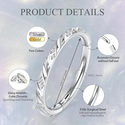 FUNLMO 316L Surgical Steel Cube Zircon Nose Ring Septum Jewelry Helix Conch Tragus Rook Daith Piercing Jewelry Cartilage Earring for Women Men - color: Silver