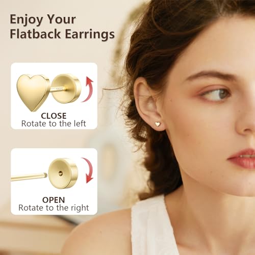 JIAYIQI Minimalist 925 Sterling Silver Stud Earrings Set, 14K Gold Plated Hypoallergenic Tiny Bar Dot Heart Star Studs for Women & Men - style: Gold-Heart-Flatback-1 Pair