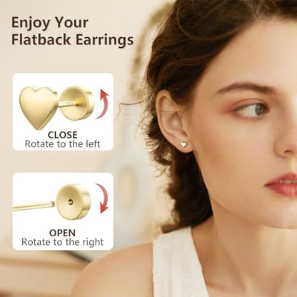 JIAYIQI Minimalist 925 Sterling Silver Stud Earrings Set, 14K Gold Plated Hypoallergenic Tiny Bar Dot Heart Star Studs for Women & Men - style: Gold-Heart-Flatback-1 Pair