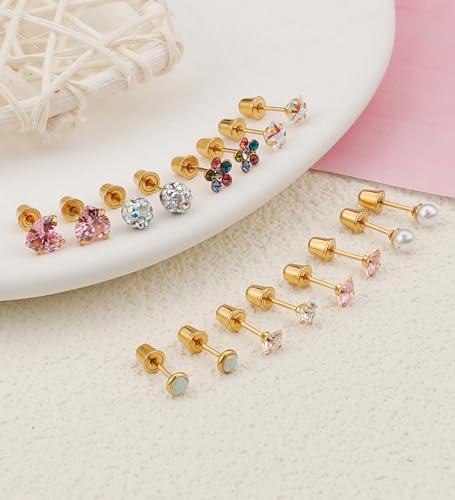 Staligue 8 & 21 Pairs Hypoallergenic Screw Back Earrings for Women – 20G Surgical Steel Flat Back Studs with Heart, CZ, Pearl, Star & Ball Designs | Tiny Cartilage Jewelry Options - color: Gold
