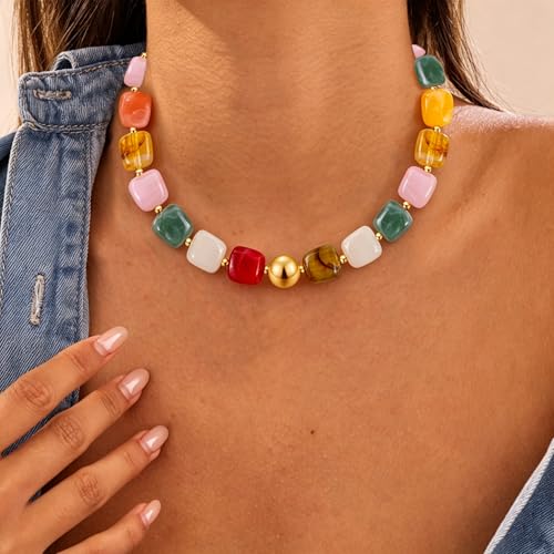 VIBILIA Boho Beaded Chunky Statement Necklace for Women Y2K Summer Jewelry | Boho Handmade Large Resin Bead Strand, Trendy Statement Summer Vacation Holiday Jewelry - color: Square-Colorful
