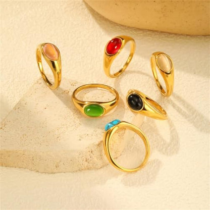 HIJONES Women's Stainless Steel Oval Opal Gemstone Dome Stacking Signet Ring Charming Wedding Jewelry - color: Black Stone