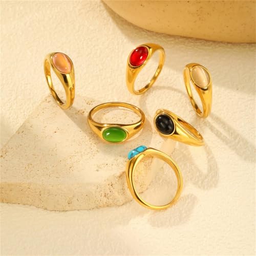 HIJONES Women's Stainless Steel Oval Opal Gemstone Dome Stacking Signet Ring Charming Wedding Jewelry - color: Pink Stone