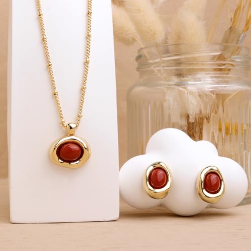 Jean Beau Gold Stone Pendant Necklaces for Women, Chunky Gemstone Dangle Necklace Wedding Prom Fashion Jewelry Gift - color: Ruby Red