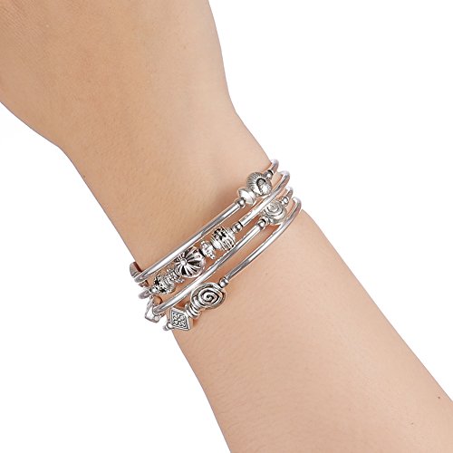 Beaded Pearl Bangle Wrap Bracelet - Fashion Bohemian Jewelry Multilayer Charm Bracelet with Thick Silver Metal Beads, Gift For Women - color: Metal