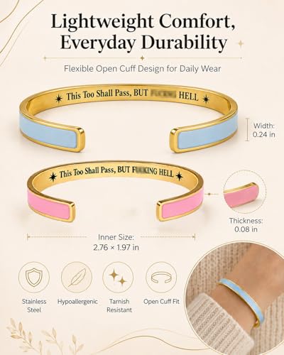 This Too Shall Pass Mantra Cuff Bracelet, BUT FUCKING HELL Engarved Hidden Message Code Motivational Bangle Inspirational Jewelry Encouragement Gifts for Women - color: Green Gold