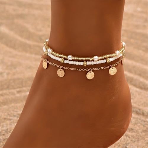 Shell Ankle Bracelet Set for Women,Boho Adjustable Beads Anklet Pack Natural White Shells Stack Stretch Seashell Pearl Starfish Bracelet Set Hawaiian Beach Vacation Foot Jewelry - style: B-Beads Disc 3Pcs
