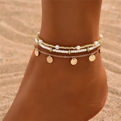 Shell Ankle Bracelet Set for Women,Boho Adjustable Beads Anklet Pack Natural White Shells Stack Stretch Seashell Pearl Starfish Bracelet Set Hawaiian Beach Vacation Foot Jewelry - style: B-Beads Disc 3Pcs