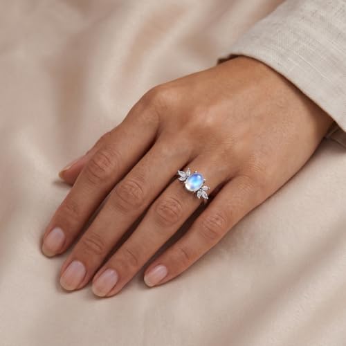MRENITE Oval Floral Ring for Women S925 Sterling Silver Gemstone Ring for Her Anniversary Birthday Engagement Promise Jewelry Gift - color: Moonstone