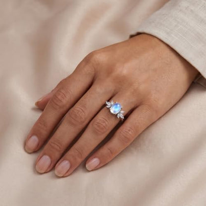 MRENITE Oval Floral Ring for Women S925 Sterling Silver Gemstone Ring for Her Anniversary Birthday Engagement Promise Jewelry Gift - color: Moonstone