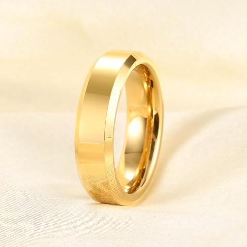 Stainless Steel Wedding Band Ring For Men Women | Sandblasted matte finish, 4mm/6mm/8mm widths, steel/black/gold-tone colors, everyday wear, wedding - color: Smooth-6mm-Gold
