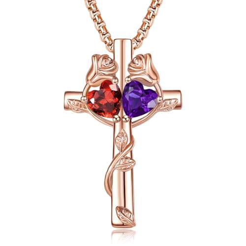 Rose Gold Cross Necklace with 2 Birthstones and Rose | Cross with Birthstone Necklace, Hypoallergenic, Adjustable Rolo Chain, Birthday Gifts, Catholic Christian Religious Jewelry - color: 01-02-Jan-Feb Birthstone