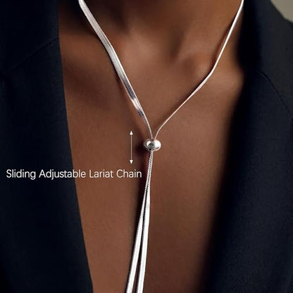 Chunky Long Y Necklace for Women, Waterproof Herringbone Drop Dangle Necklace, Adjustable Lightweight Trendy Fashion Slip Tie Necklace, Thin Layered Choker Chest Chain - color: Silver