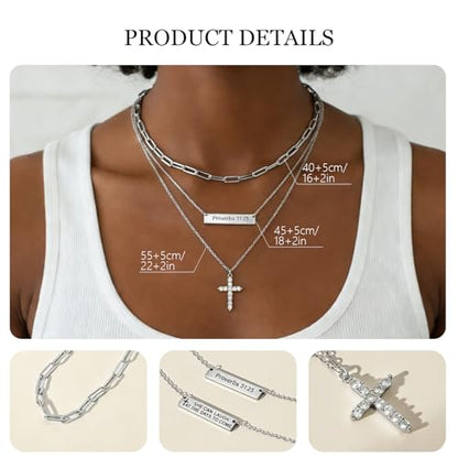 Layered Cross Necklaces for Women Trendy, 3 Pcs 14K Gold Plated, Stackable Women's Gold Pendant Necklaces Jewelry Set - color: Silver