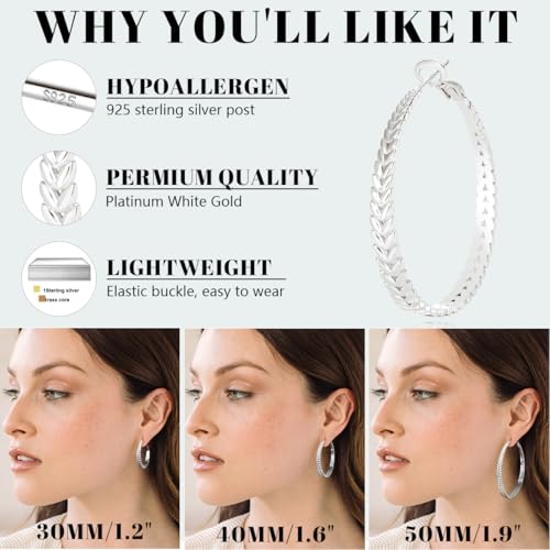 JEMARA Silver Hoop Earrings for Women Hypoallergenic 925 Sterling Silver Post Hoop Earrings Lightweight Thick Large Silver Hoop Earrings 30/40/50MM - color: Silver-40MM