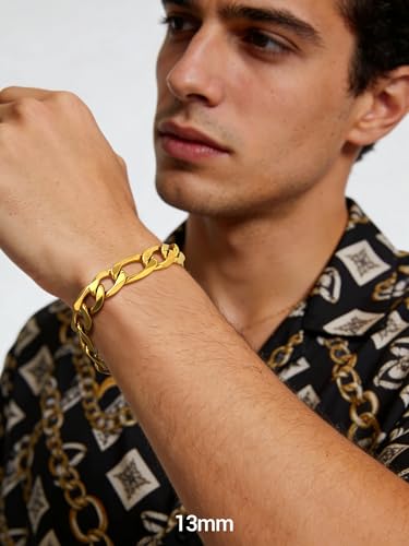 PROSTEEL Bracelets for Men, Figaro/Cuban Mens Bracelet, Silver/Gold/Black | 6/9/13mm Width, 7.5/8.3/9" Length, Stainless Steel Mens Bracelet, Durable & Non Tarnish, Chunky Jewelry with Gift Box - style: C 13mm-Figaro-Gold