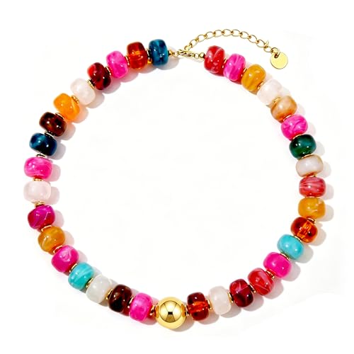 Chunky Colorful Beaded Necklace for Women Boho Summer Statement Resin Choker Necklaces Beach Jewelry Accessories - color: Colorful-gold