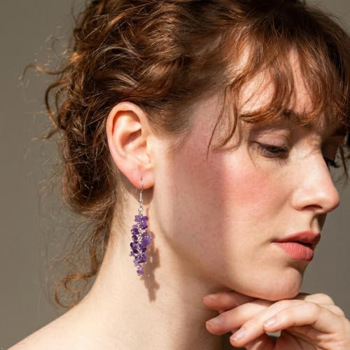 Nupuyai Natural Tumbled Stones Earrings for Women, Reiki Healing Crystal Long Dangle Hook Eardrop - color: #1-Purple