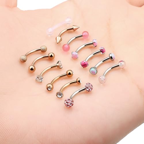 16g 8/10mm Silver/Black/Rose-Gold/Rainbow Eyebrow Piercing Jewelry Rings Curved Barbell Vertical Labret Lip Surgical Steel Small Belly Button Snake Eyes Tongue Rook Earrings for Women Men - color: Rose Gold / Pink, size: 16g*8mm*3mm