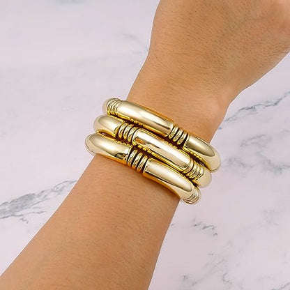 Gold Chunky Bangles Bracelets For Women 14k Gold Plated Stack Layered Curved Bamboo Tube Stretch Bracelets Gift Jewelry - color: 3pcs Gold