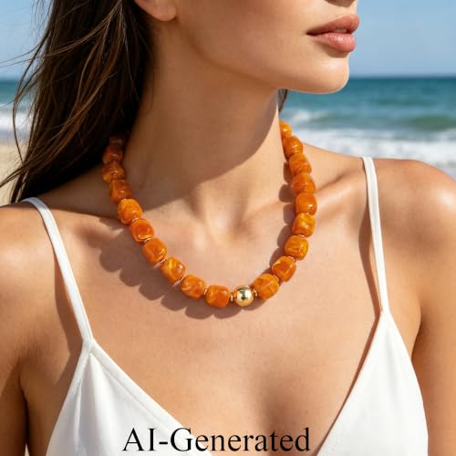 Ritach Chunky Beaded Necklaces for Women - Colorful Large Square Acrylic Beaded Necklace Boho Chunky Necklace Adjustable Statement Choker Necklace for Women Waterproof Summer Beach Jewelry Gifts - color: Yellow