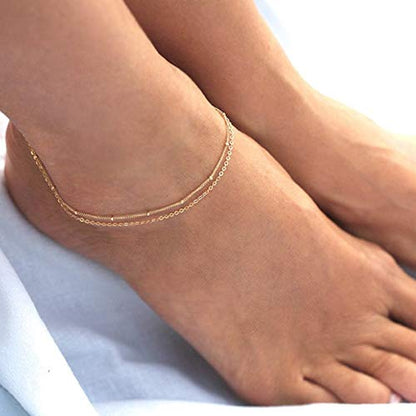 Pencros Dainty Layered Anklet,14K Gold Filled Cute Beads Satellite Chain Heart Boho Adjustable Anklets for Women - color: Layer Satellite Chain Gold