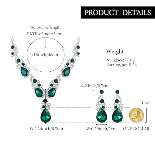 Women's Wedding Bridal Crystal Multi Teardrop Cluster Statement Necklace Dangle Earrings Set - color: 04-Emerald Color Silver-Tone