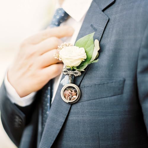 Personalized Photo Wedding Bouquet Charm, Double Sided Round Glass Photo Locket Pendant Pin Brooch, Handmade Memorial Picture Frame Bridal Shower Gift For Bride & Groom - color: Round Large - Gold