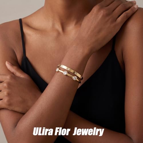 3 Pack Classic Gold Bangle Bracelet Set for Women Stackable Jewelry | 18K Gold Plated AAA Cubic Zirconia Unique Design Fits Most Wrists Simple Styling Long Lasting Luster Waterproof Non Tarnish - color: 2 Pack-Gemstone & Love