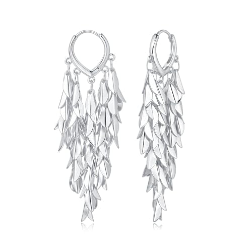 Sylph 14K 18K Gold Plated Chandelier Earrings for Women, Long Tassel Earring Huggie, Silver Leaf Dangle Drop Earrings, Dainty Bohemian Jewelry Gifts for Wedding Everyday Wear - color: A-Silver Chandelier Earrings