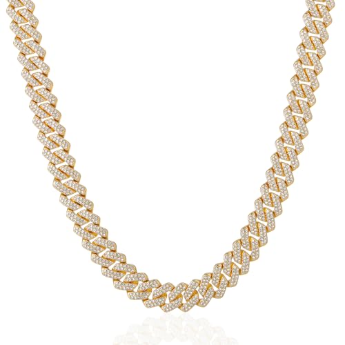 Mens Cuban Link Chain Iced Out Cuban Necklace 18K Gold & Silver Plated Chain For Men Women 14mm Hip Hop Jewelry - color: 14K Gold, size: 16Inches
