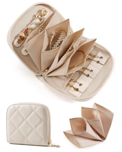 BAGSMART Travel Jewelry Case, Leather Zip for Rings Necklaces | Removable inner pocket, 3 tangle-free clips, 1 elastic pocket, 2 leather snap straps for rings/earrings - color: 2-Light Beige, size: Small