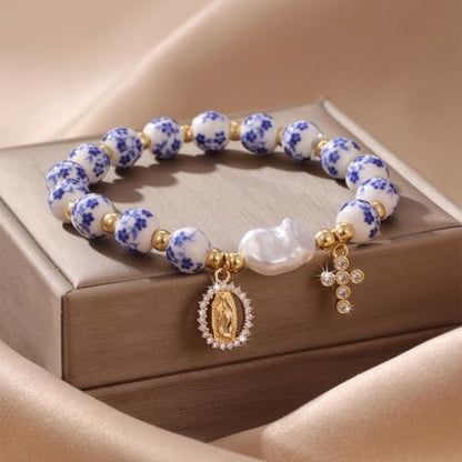 Vintage Ceramic Beads Bracelets for Women Virgin Mary Cross Charm Cubic Zirconia Blue White Porcelain Gold Tone Faux Pearl Stretch Jewelry Gifts