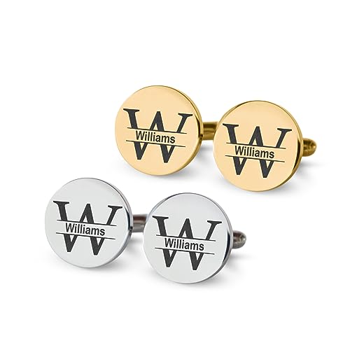 Custom engraved cufflinks for men, personalized wedding gift for groom, father of the bride & groom dad, best men, customized gold & silver cufflinks with dates, quotes or couples initials from bride - style: Initial Monogram
