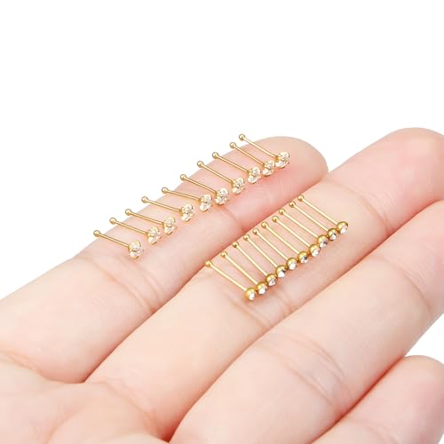 Hoeudjo Nose Studs Surgical Steel Cubic Zirconia Nose Rings Kit for Women Men Tiny Nose Stud Screw & Bone & L Shaped Nostril Piercing Jewelry 24-18 Gauge 20 Pieces Set - color: gold-tone,nose bone studs, size: 24g/2.0mm clear CZ