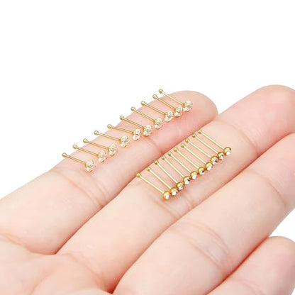 Hoeudjo Nose Studs Surgical Steel Cubic Zirconia Nose Rings Kit for Women Men Tiny Nose Stud Screw & Bone & L Shaped Nostril Piercing Jewelry 24-18 Gauge 20 Pieces Set - color: gold-tone,nose bone studs, size: 24g/2.0mm clear CZ