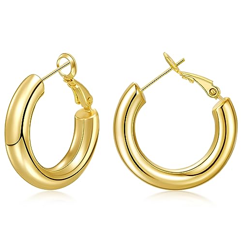 sovesi Chunky Hoop Earrings for Women, 14K Gold Plated Thick Hoops | 5mm Thick Hollow Tube Chunky Lightweight Hypoallergenic Hoop Earrings for Women - style: Gold 25MM