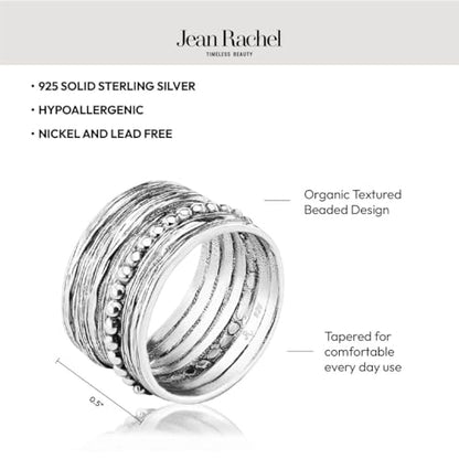 Jean Rachel Jewelry 925 Sterling Silver Wide Ring Multi Texture and Beads, Oxidized, Vintage Look Stylish Hypoallergenic, Nickel and Lead-free, Artisan Handcrafted Designer Collection (Size 5-11)