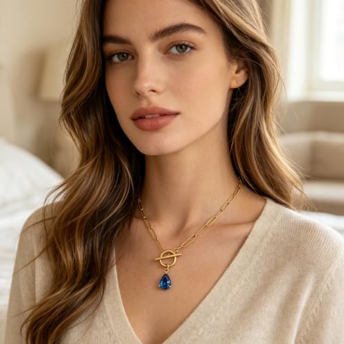 Teardrop CZ Pendant Paperclip Chain Necklace 18K Plated Paperclip Toggle Necklace Jewelry Birthstone Gift for Women - color: Tanzanite-December